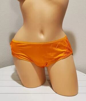 Shadowline 11182 Lace Insets Bikini Panty Shiny Nylon Full Cut Silky Neon Orange